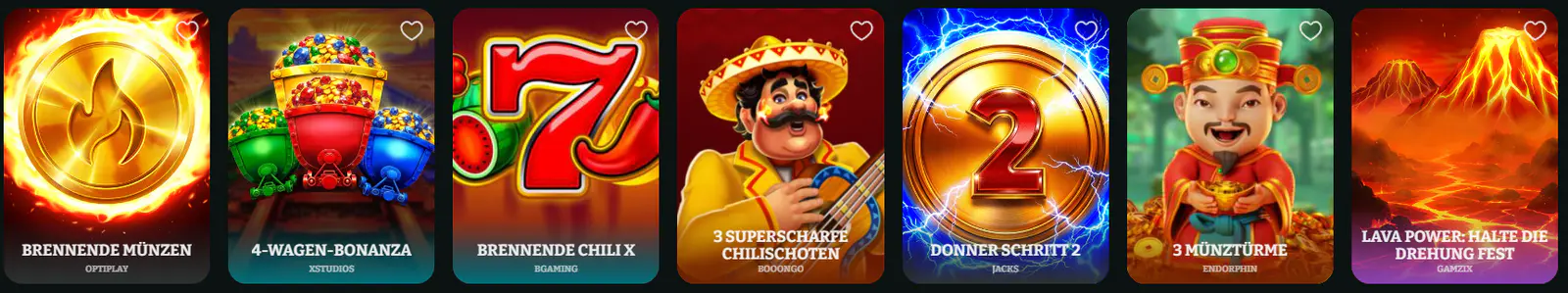 Boomzino Casino Spielautomaten mit Brennende Münzen, 4-Wagen-Bonanza, Brennende Chili X und weiteren beliebten Slots